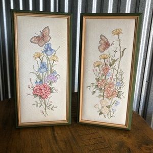 Vintage Pair of Framed Floral w/ Butterflies
Needlepoint Wall Art.